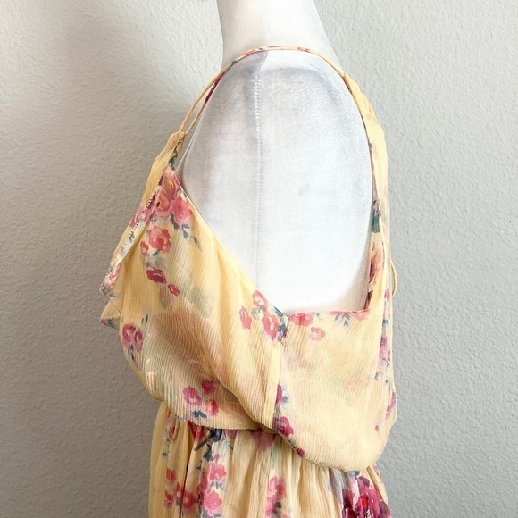 Meadow Rue Spring Silk Dress Womens 6 Yellow Floral Blouson Ruffle Anthropologie - Picture 4 of 9